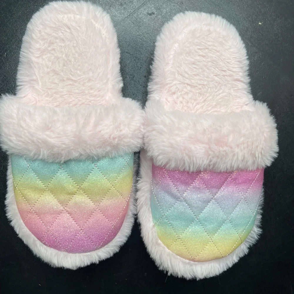 Kids Rainbow Quilted Slippers with Faux Fur 13-1